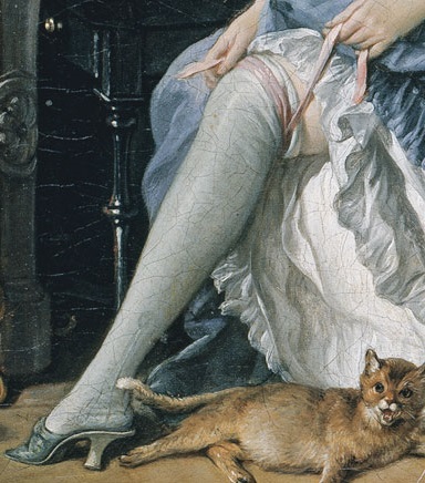 Woman winding a pink ribbon around her leg to tie on a white stocking just above her knee. 
