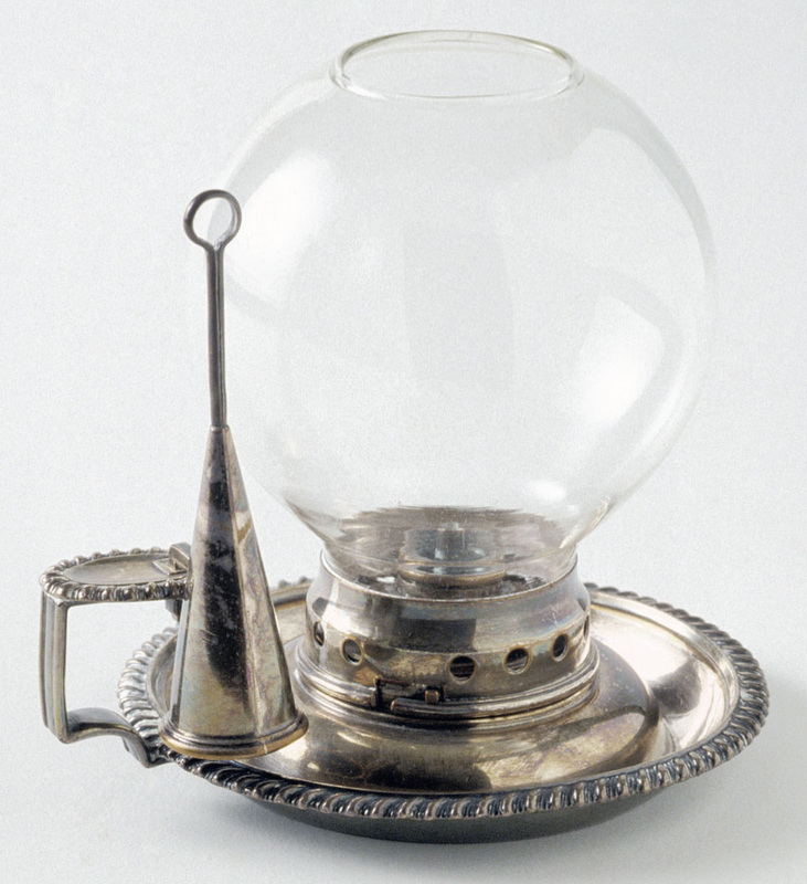  Chamber lamp with spherical glass oil reservoir and silver handle, saucer, and snuffer.