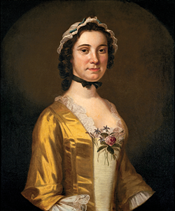 Waist-length oil portrait of Mary Philipse wearing a gold silk dress and a small, lacy white cap with a dark green ribbon threaded through it. She has dark brown hair, dark eyes, and wears a black ribbon as a choker around her throat.
