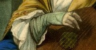 Woman wearing a green mitt while plucking a stringed instrument, possibly a lute.