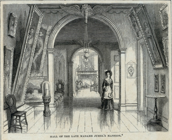 An engraving of the hallway of the Morris-Jumel Mansion, published in 1875.